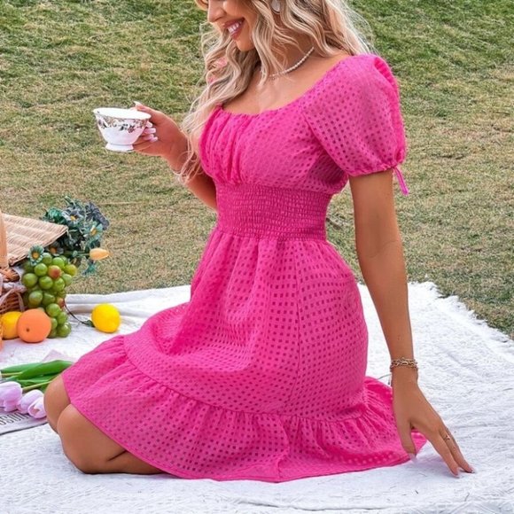 Ruched Bust Shirred Ruffle Hem Mini Dress Pink - Picture 5 of 6